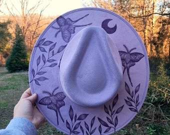 Hand Burned Lavender Wide Brim Hat: Vegan Suede, Luna Moth Design