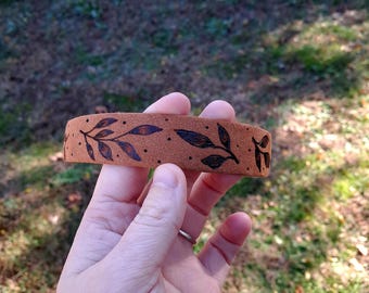 Hand Burned Brown Vegan Suede Headband with Leaf Design