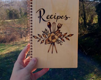 Wood Burned Recipe Book with Floral Art On the Cover