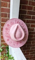 Hand Burned Light Pink Wide Brim Hat for Women, Wildflower design on top of brim and under Brim is a leafy design
