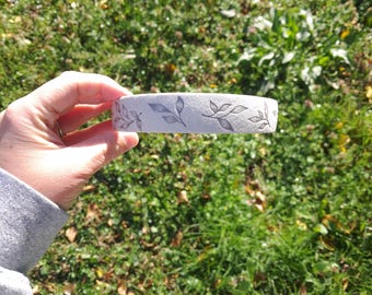 Hand Burned Light Gray Vegan Suede Headband, Floral Vines Design