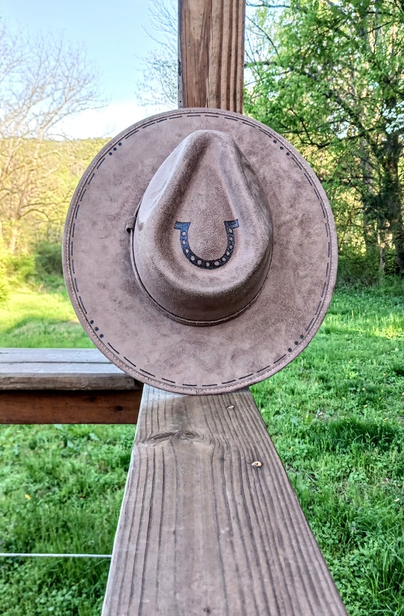 Hand Burned Olive Wide Brim Hat: Floral Horseshoe Design