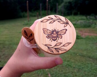 Wood Burned Bee and Vines Glass Jar with Spoon (8 Oz)