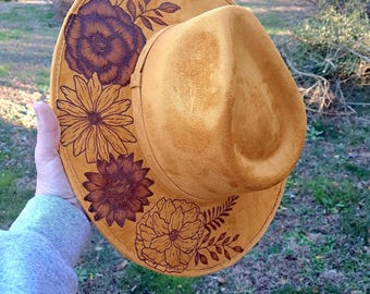 Hand Burned Mustard Yellow Wide Brim Hat for Women With Floral Design on Top of Brim and Under Brim