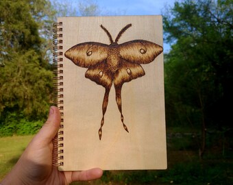 Wood Burned Luna Moth Custom Sketchbook with Art On the Cover