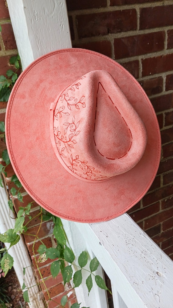 Hand Burned Peachy Color Wide Brim Hat for Women, Viney Design On Crown and Under Brim