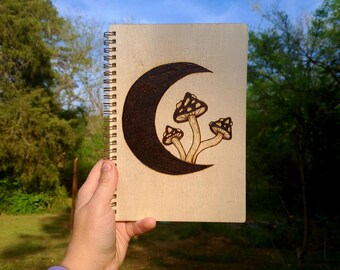 Wood Burned Moon With Mushrooms Custom Sketchbook with Art On the Cover
