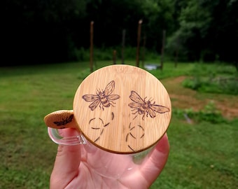 Wood Burned Bee  Glass Jar with Spoon (8 Oz)