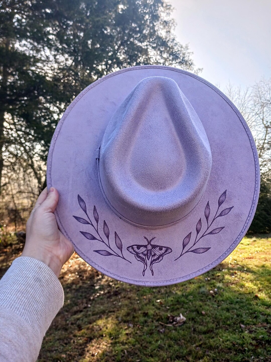 Lavender Burned Hat, Arrow Shaped Hat, Purple Tooled Leather Fedora Lavender Burned Hat, Arrow Shaped Hat, Purple Tooled Leather  main image 3