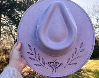 Hand Burned Lavender Wide Brim Hat: Vegan Suede, Moth & Moon Design