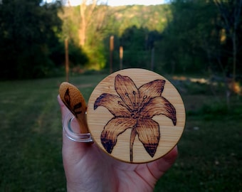 Lily Flower Wood Burned Glass Jar with Spoon (8 Oz)