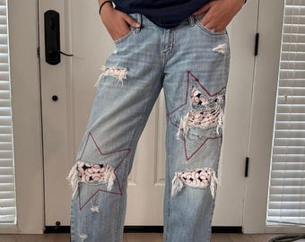 Upcycled Eucina Distressed Jeans w/ Baseball Theme Embroidered Stars Size 7