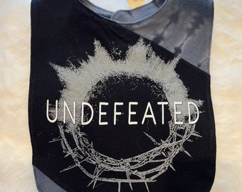 Baby Bib labeled "Undefeated" , biblical reference upcycled  jersey knit tshirt tye dyed explosive representation of mealtime 1-2 day Ship