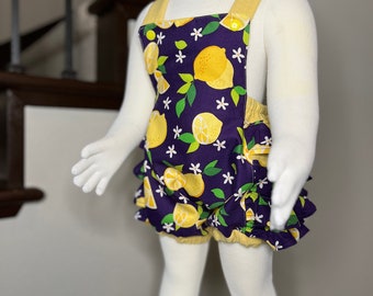 Baby bubble ruffle romper yellow lemons and purple fun flowers cotton linen size 0-6 month pale yellow softness, 1-2 day Ship