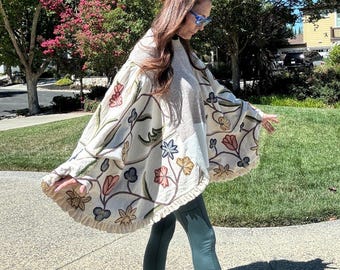 Upcycled World Market Cold Weather Friendly Sweater Embroidered Poncho/Cape