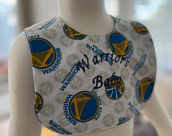 Upcycled baby/toddler bib made from recycled cotton and jersey knit fabric 6-12mos Warriors basketball vibe