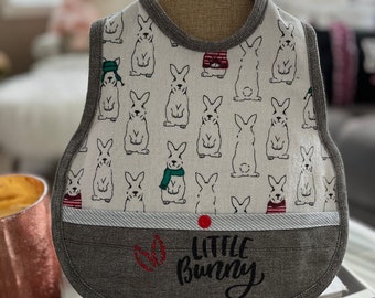 NEW Upcycled Baby Apron 6-12 mos: Flannel Bunny Bib Front Pocket, Snap Closure. Reversible