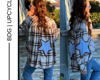 MSRP  79 |  Upcycled BDG Star Patch Flannel Size M (fits One Size )| QUICK Ship
