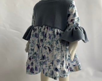 Toddler Dress Sweatshirt Dress Baby Dress Ruffled Sleeves Upcycled Outfit 12-18