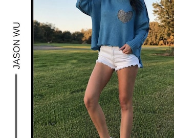 MSRP 370 | Upcycled Jason Wu Blue Turtleneck Sweater – Size XS-M | Heart Detail