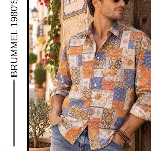 May include: A long-sleeved button-down shirt featuring a multi-coloured patchwork pattern in shades of orange, blue, yellow, and white. The shirt has a classic collar, white buttons, and is paired with blue denim jeans. Text reads BRUMMEL 1980'S-90'S SIZE M.