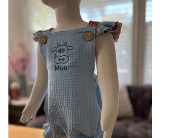 Baby Blue Baby Romper Linen Romper Toddler Bubble Romper with ruffles size 12mo, 1-2 day Ship