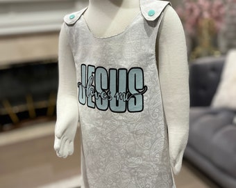 Reversible Toddler & Baby Bib/Dress Upcycled to perfection size approx 6-12 months, cotton Jesus loves Me, 1-2 day Ship