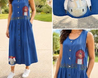 Handbemaltes Vintage Jeanskleid vom Bauernhof – Grösse 16W | XL | Versand am selben Tag