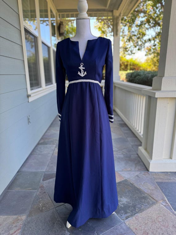 Vintage Navy Nautical Anchor Maxi Dress, Long Sleeve V-neck Small | QUICK  SHIP - Etsy Israel