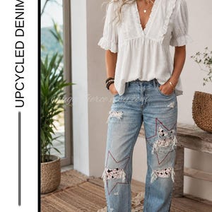 UVP: 68 |  Upcycled Eucina Baseball Star Distressed Jeans Größe 7 | SCHNELLER VERSAND