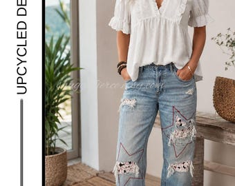 MSRP: 68 |  Upcycled Eucina Baseball Star Distressed Jeans Size 7 | QUICK SHIP