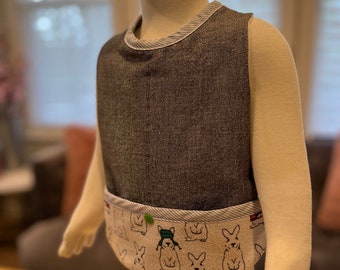 NEW Upcycled Baby Apron 6-12 mos Flannel Bunny Bib Front Pocket, Snap Closure Reversible, 1-2 day Ship