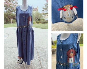 Vintage Farm Hand Painted Denim Dress Size 16W-XL | SAME Day SHIP or Next Day