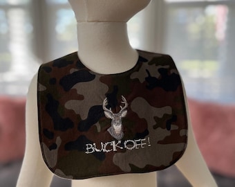 NEW baby/toddler bib made from recycled jersey knit embroidered "Buck Off"