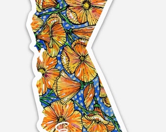 May include: A sticker of the state of California with a blue background and white polka dots. The state is filled with orange and yellow California poppies. The text "California" is written in white cursive on the sticker. The sticker is 2.25 inches by 4.93 inches.