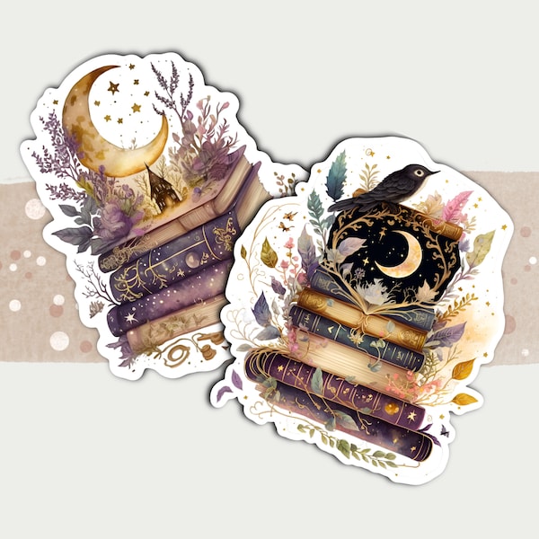 2 PACK of Sparkly Witchy Magical Bookish Glossy Stickers, Witchy Spells Book Sticker, Wiccan Book Sticker, Book Stack Sticker