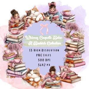 Cute Cozy Coquette Whimsy Boho Bookish PNG Instant Download, Bookish Stickers PNG, Book Lover PNG, Bookish Clipart, Bookish Sublimation Book
