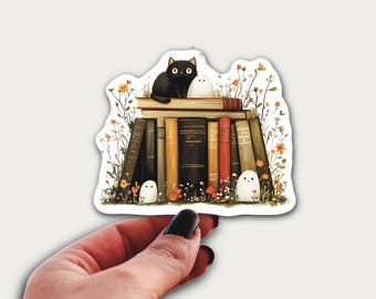 Cute Tiny Black Cat, Bookstack, and Mini Ghosts Sticker | Bookish | Book | Kindle Sticker | Fantasy | Halloween | Witchy | Magical | Retro