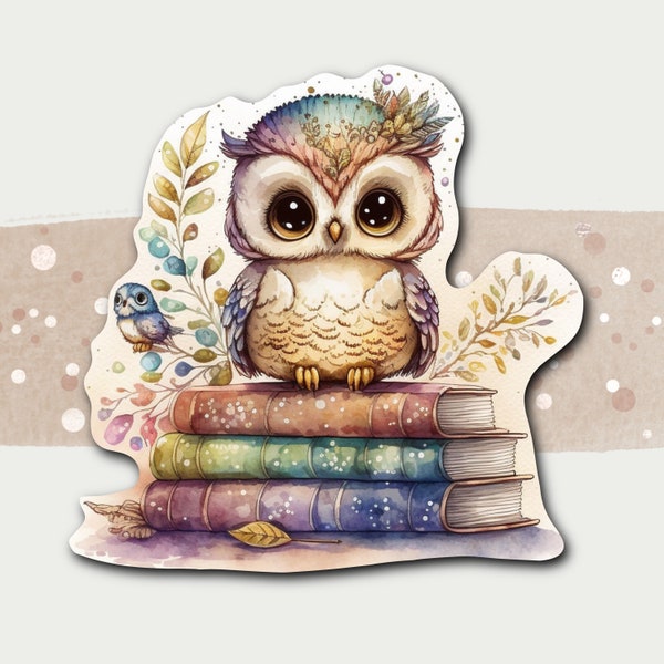 Sparkly Adorable Cute Bookish Baby Owl Glossy Sticker, Pastel Rainbow Owl Book Sticker