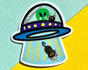 Cute Alien Cat Abduction Vinyl Sticker, Water bottle sticker, Laptop Sticker, Black Cat, UFO Cat