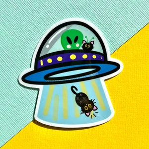 Cute Alien Cat Abduction Vinyl Sticker, Water bottle sticker, Laptop Sticker, Black Cat, UFO Cat