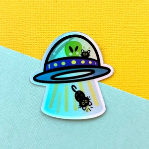 Holographic Cute Alien Cat Abduction Vinyl Sticker, Water bottle sticker, Laptop Sticker, Black Cat, UFO Cat