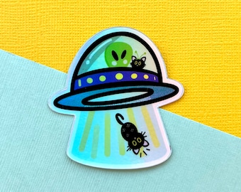 Holographic Cute Alien Cat Abduction Vinyl Sticker, Water bottle sticker, Laptop Sticker, Black Cat, UFO Cat
