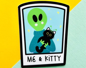 Pegatina de vinilo Alien y Kitty, pegatina alienígena, pegatina de gato, pegatina de botella de agua, pegatina para portátil, pegatina alienígena linda, pegatina de gato lindo