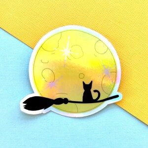 Cat and Moon Holographic Sticker - 3&quot;,  Cat, Moon, Magic, Black Cat, Witch, Witch&#39;s Broom, Halloween, Spooky
