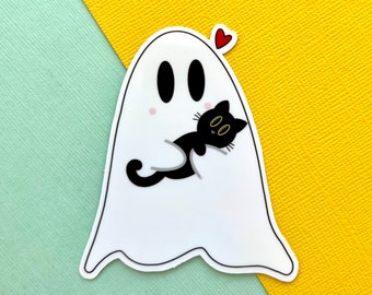 Cute Ghost & Black Cat Sticker, Ghost Sticker, Black Cat Sticker, Journal Sticker, Water Bottle Sticker