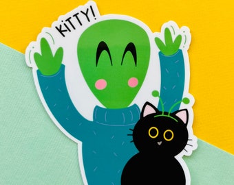 Alien and Kitty Sticker. Alien Sticker, Cute Alien sticker, Cute Cat Sticker, Alien and Cat Sticker