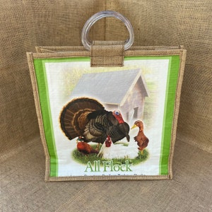 Up-cycled Feed Bag Tote, Acrylic Handles, Burlap