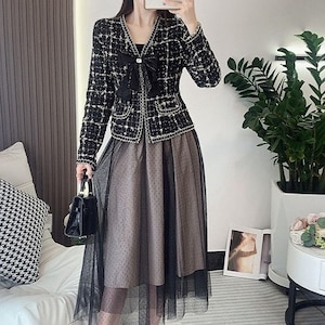 Elegant 2 Piece Tweed Set /Womens Tweed Jacket + Mesh Long Skirt/Tweed Mesh Set