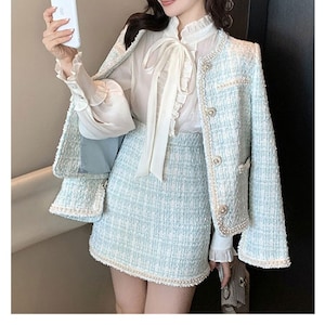 Womens Two Piece Tweed Skirt Set/Elegant Long Sleeve/Tweed Faux Pearl Button Jacket with High Rise Mini Pencil Skirt (Light Blue)
